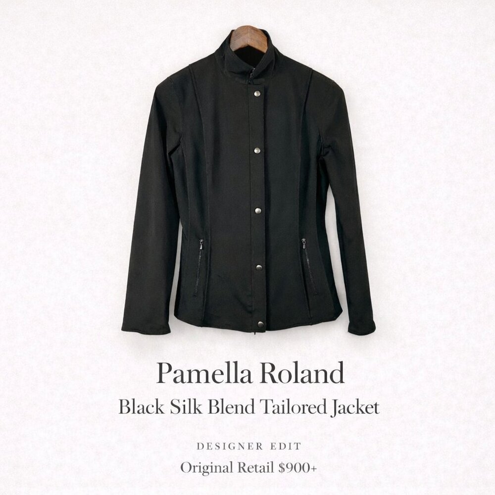 Pamella Roland Black Silk Blend Jacket Coat • Size 10 • Designer Elegant Layer